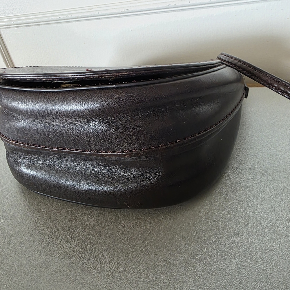 Minimal Dark Brown Leather Crossbody Saddle Bag - Pockets, Adjustable - Picture 11 of 14
